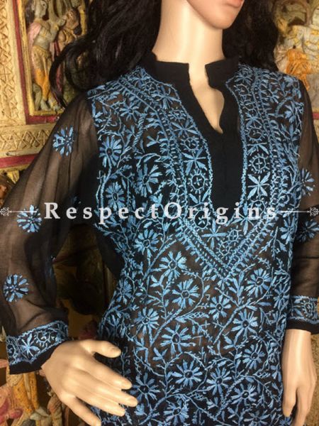 Ladies Black Georgette Long Kurti with Blue Chikankari Embroidery Work; RespectOrigins.com
