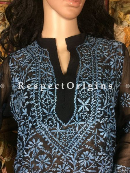 Ladies Black Georgette Long Kurti with Blue Chikankari Embroidery Work; RespectOrigins.com