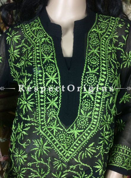 Black Georgette Long Kurti with Green Chikankari Embroidery Work; RespectOrigins.com