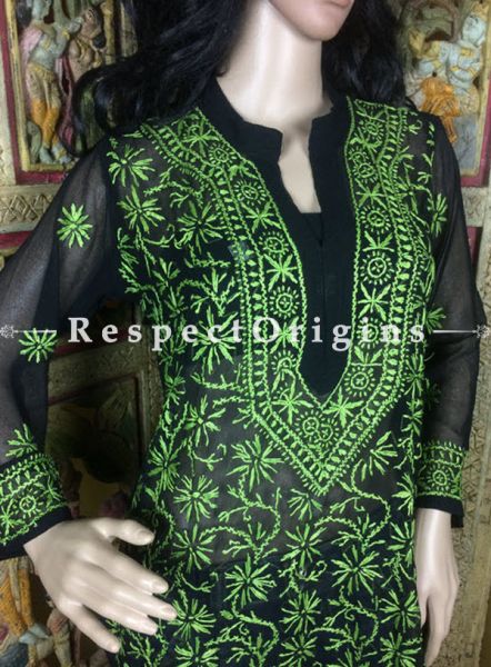 Black Georgette Long Kurti with Green Chikankari Embroidery Work; RespectOrigins.com