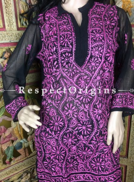 Ladies Black Georgette Long Pink Chikankari Embroidery.RespectOrigins