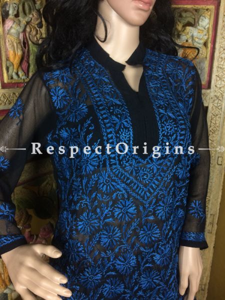 Ladies Blue Chikankari Embroidery Work Black Georgette Long Kurti.RespectOrigins