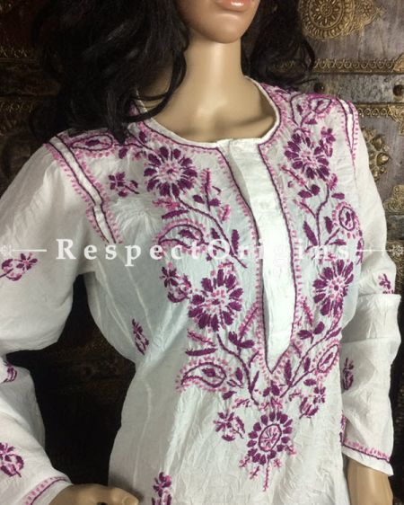 Ladies Long Kurti White Cotton Lucknow Chikankari Embroidery; RespectOrigins.com