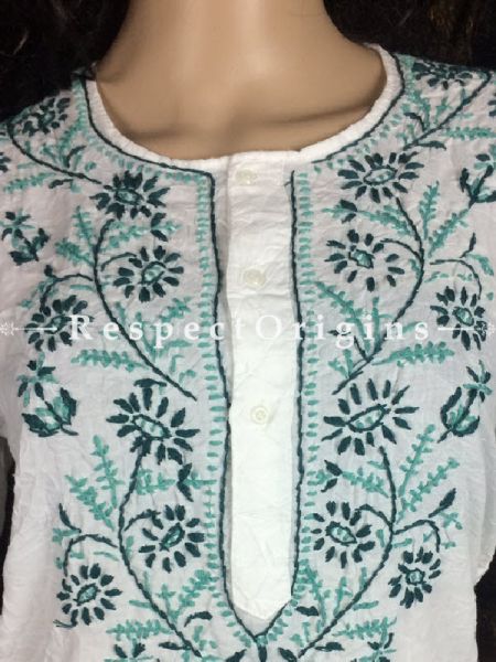 Ladies Long Kurti White Cotton with green Lucknow Chikankari Embroidery; RespectOrigins.com