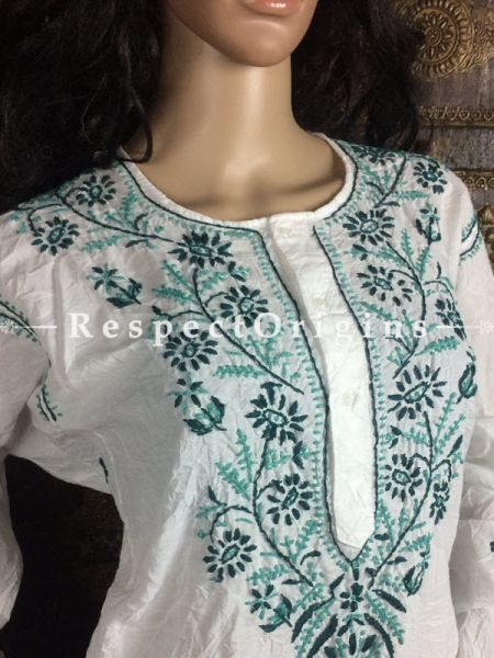 Ladies Long Kurti White Cotton with green Lucknow Chikankari Embroidery; RespectOrigins.com