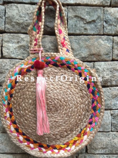 Buy Ladies Round Hand Braided Colorful Jute Cotton Hand Bag or Shoulder Bagin Natural Color; Medium; RespectOrigins