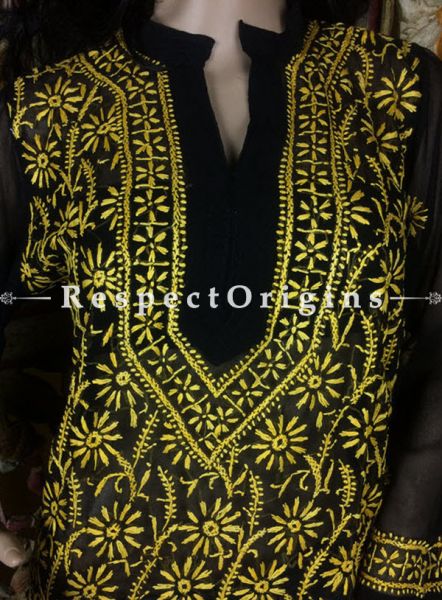  Ladies Yellow Chikankari Embroidery Work Black Georgette Long Kurti; RespectOrigins