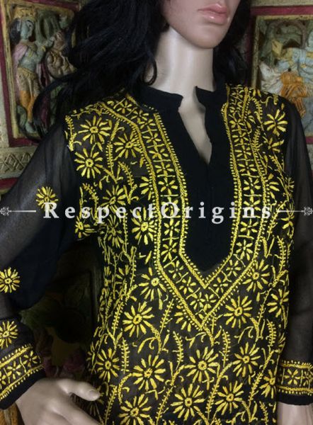  Ladies Yellow Chikankari Embroidery Work Black Georgette Long Kurti; RespectOrigins