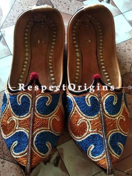 Joyful Camel Leather Soft Ladies Hand Embroidered Blue and Mustard Slip-on Jutti Mojari Shoes Size 36/37/38/39; RespectOrigins.com