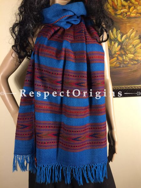 Buy Light Blue Hand woven Woolen Kullu Stoles From Himachal with multiple Orange borders; Size 80 x 27 inches at RespectOrigins.com