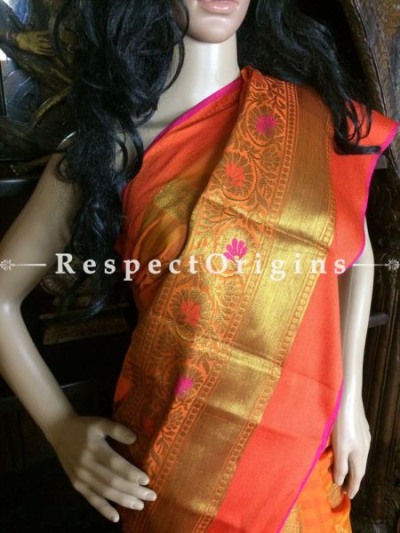 Orange Handwoven Banarasi Cotton Silk Saree; Zari Border & Butis; RespectOrigins.com