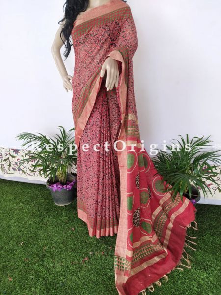 Pink & Green Linen Ghicha Silk Hand Block Printed Floral Saree with Running Blouse; RespectOrigins.com