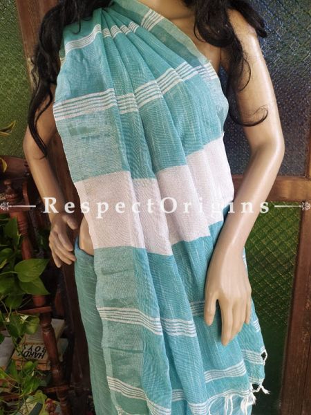 Handloom Blue Linen Saree With Zari Border; Blouse Included; RespectOrigins.com