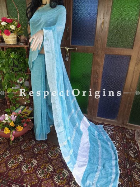 Handloom Blue Linen Saree With Zari Border; Blouse Included; RespectOrigins.com