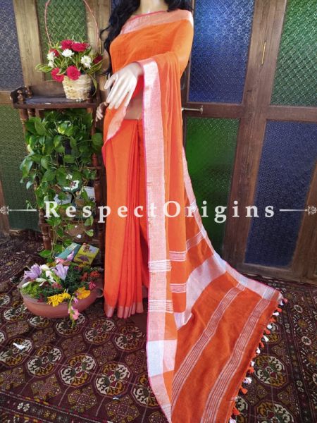 Handloom Orange Linen Saree with Zari Border; Blouse Included; RespectOrigins.com