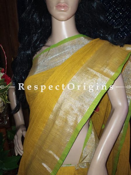 Magnificent Handloom Yellow Linen Saree with Zari Border; Blouse Included; RespectOrigins.com