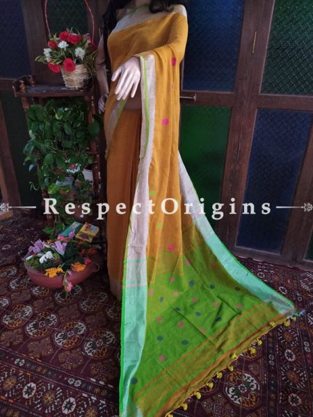 Magnificent Handloom Yellow Linen Saree with Zari Border; Blouse Included; RespectOrigins.com