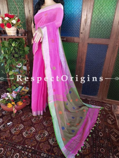 Unique Handloom Pink Linen Saree with Zari Border Border; Blouse Included; RespectOrigins.com
