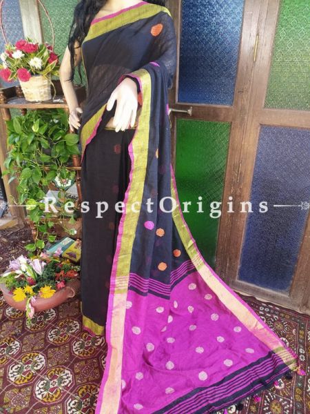 Elegant Handloom Black Linen Saree with Zari Border; Blouse Included; RespectOrigins.com