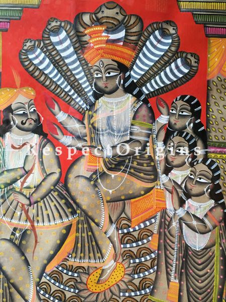 Lord Vishnu Kalighat Painting on Paper in 23x43 inches, Traditional Folk Wall Art|RespectOrigins