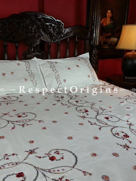 Buy Lush Needle Work, Red on White; Cotton Bedspread; 2 Pillow Cases included; 90x108 in At RespectOrigins.com