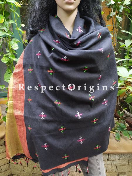 Luxurious Handloom Fine Soof Embroidered Woollen Black Shawl With Brown and Gold Border Online at RespectOrigins.com