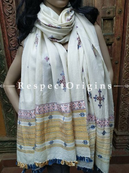 Luxurious Handloom Fine Soof Embroidered Woollen White Shawl With Brown and Blue Embroidery Online at RespectOrigins.com
