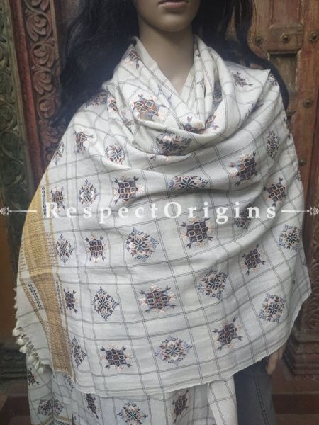 Luxurious Handloom Fine Soof Embroidered Woollen White Shawl With Brown Embroidery Online at RespectOrigins.com
