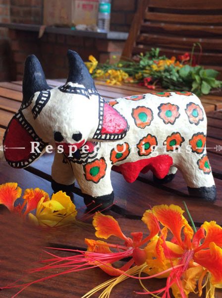 Buy Eco-friendly chemical free papier mache toy cow with madhubani artwork on it. At RespectOrigins.com