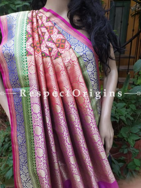 Pink Patola Weave Benarasi Silk Saree with Zari Border; Blouse Included; RespectOrigins.com