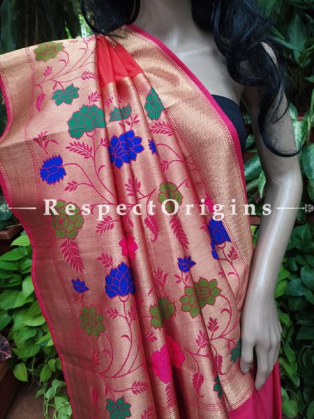 Pink Patola Weave Benarasi Silk Saree with Zari Border; Blouse Included; RespectOrigins.com