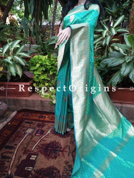 Benarasi Wedding Silk Saree with woven Jacquard in Green n Blue Contrasting with Red n Pink Zari Border-Pallu; RespectOrigins.com
