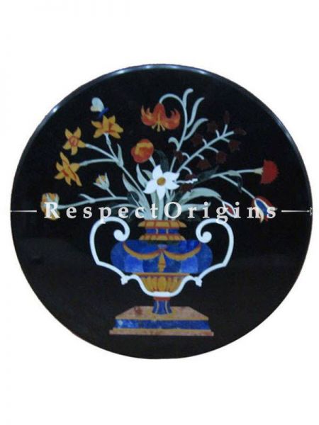 Buy Luxury Pietra Dura  black Marble inlay Round Table Top Hand Carved With Marble inlay Dining Table Top; 2 Feet At RespectOrigins.com