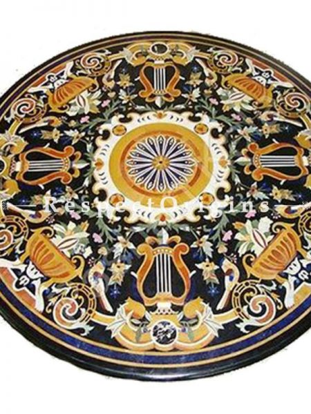 Buy Luxury Round Pietra Dura Black Marble Table Top With inlay Work; Center Corner Side Coffee Dining Table; 5 Feet At RespectOrigins.com
