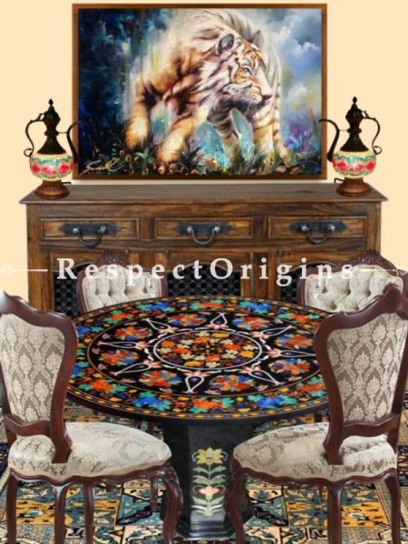 Buy Luxury Black Pietra Dura Marble inlay Work Round Table Tops Hand Carved Dining Table Top; 5 Feet At RespectOriigns.com