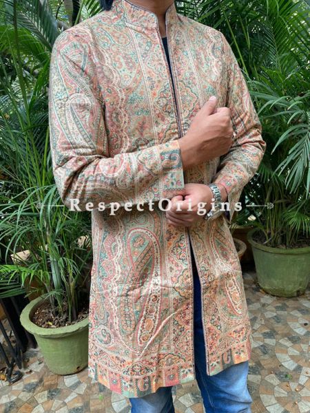 Brown Floral Design Luxurious  Formal Mens Designer Detailing Jamavar Jacket in Wool Blend; Silken Lining; RespectOrigins.com
