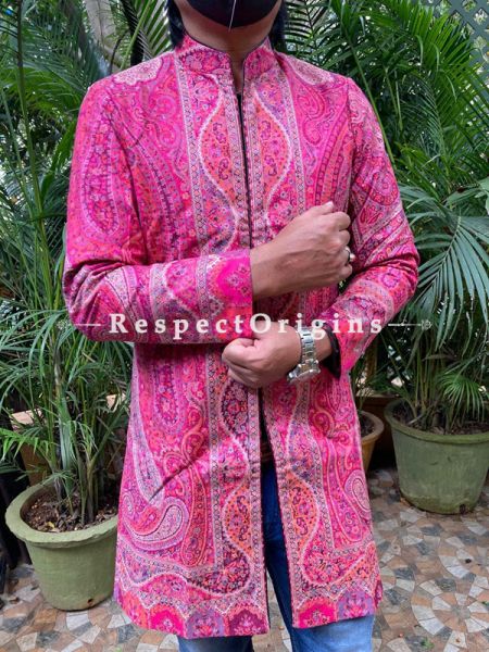 Lavish Pink Formal Mens Designer Detailing Jamavar Jacket in Wool Blend; Silken Lining; RespectOrigins.com