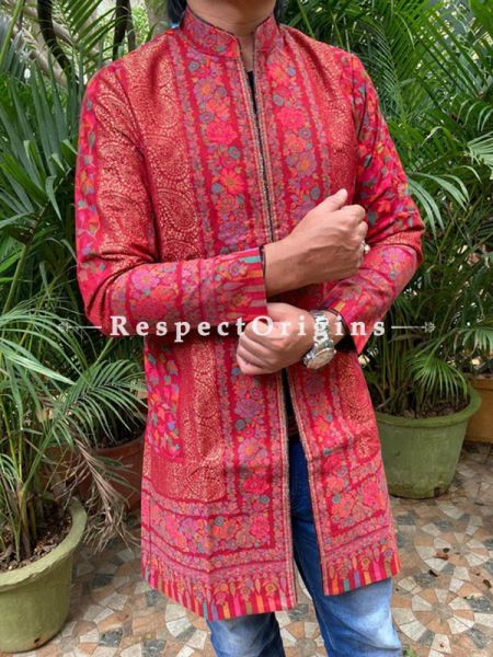 Red Lavish Formal Mens Designer Detailing Jamavar Jacket in Wool Blend; Silken Lining; RespectOrigins.com