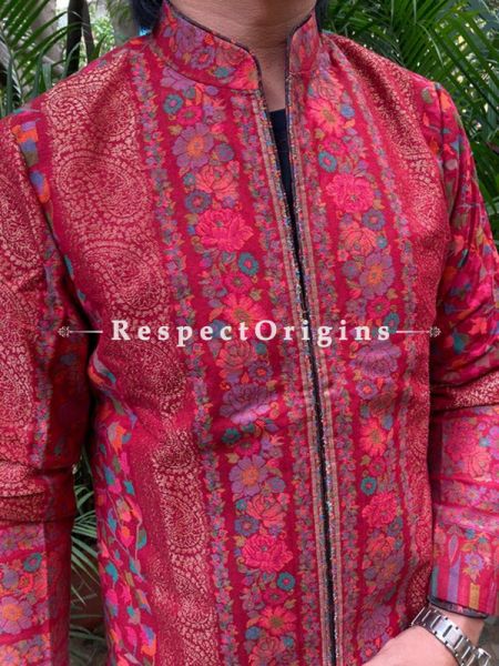 Red Luxurious Formal Mens Designer Detailing Jamavar Jacket in Wool Blend; Silken Lining; RespectOrigins.com