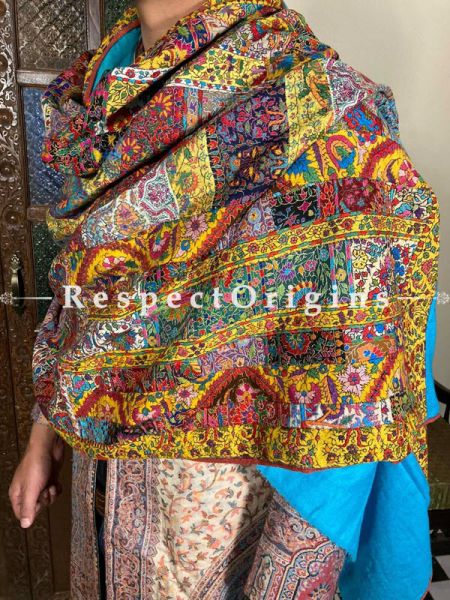 Splendid Blue Mens Pashmina Kashmiri Shawl Sozni Embroidery; 82 X 37 Inches; RespectOrigins.com