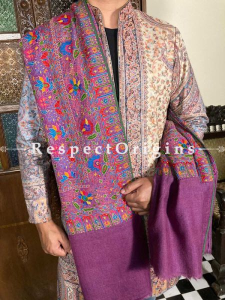 Lavish Mens Pashmina Kashmiri Shawl in Violet with Sozni Embroidery; 80 X 37 Inches; RespectOrigins.com