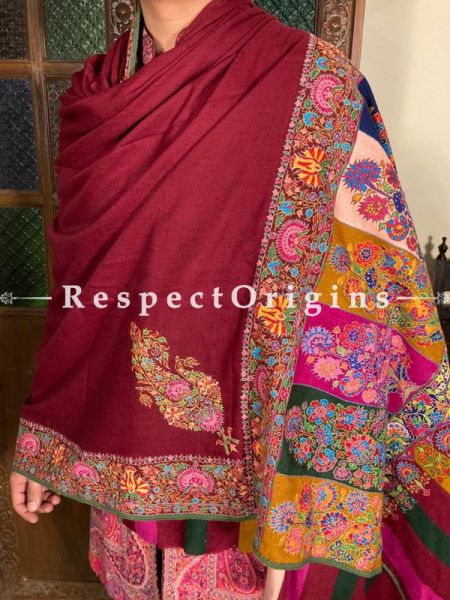Amazing MaroonMens Pashmina Kashmiri Shawl Sozni Embroidery; 100 X 50 Inches; RespectOrigins.com