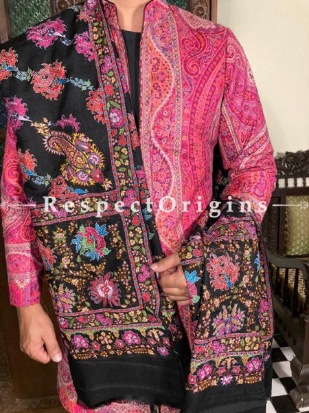 Exceptional Mens Pashmina Kashmiri Shawl in Black with Sozni Embroidery; 86 X 44 Inches; RespectOrigins.com