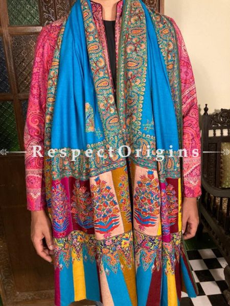 Fantastic Mens Pashmina Kashmiri Shawl in Blue with Sozni Embroidery; 88 X 44 Inches; RespectOrigins.com