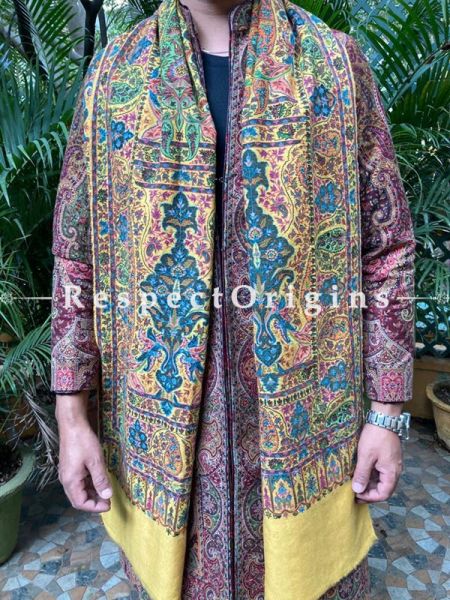 Pale Yellow Mens Pashmina Kashmiri Shawl Sozni Embroidery; 82 X 41 Inches; RespectOrigins.com