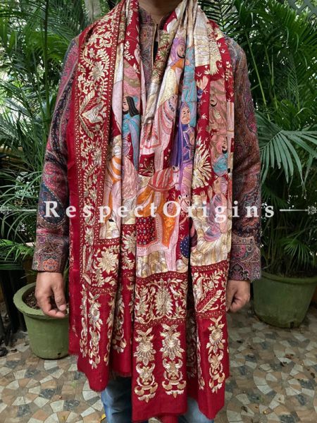 Magnificent Mens Red Pashmina Kashmiri Shawl Sozni Embroidery; 86 X 41 Inches; RespectOrigins.com