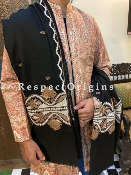 Luxurious Tilla Gold Embroidery on Black Pashmina Kashmiri Mens Shawl; 80 X  40 Inches; RespectOrigins.com