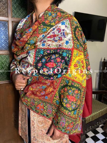 Grand Mens Pashmina Kashmiri Red Shawl Sozni Embroidery; 90 X 38 Inches; RespectOrigins.com