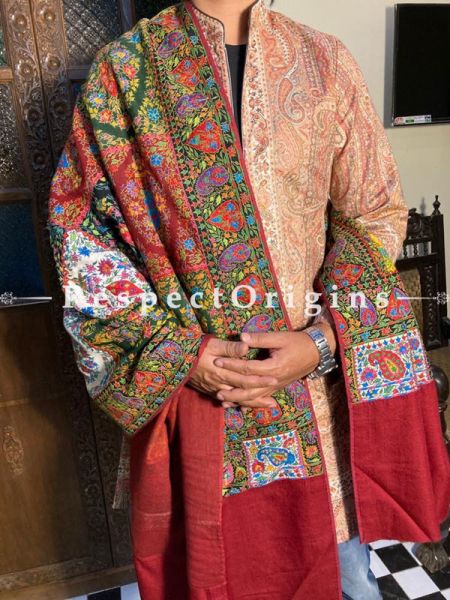 Grand Mens Pashmina Kashmiri Red Shawl Sozni Embroidery; 90 X 38 Inches; RespectOrigins.com