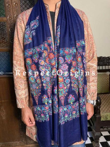 Royal Blue Mens Pashmina Kashmiri Shawl Sozni Embroidery; 80 X 40 Inches; RespectOrigins.com